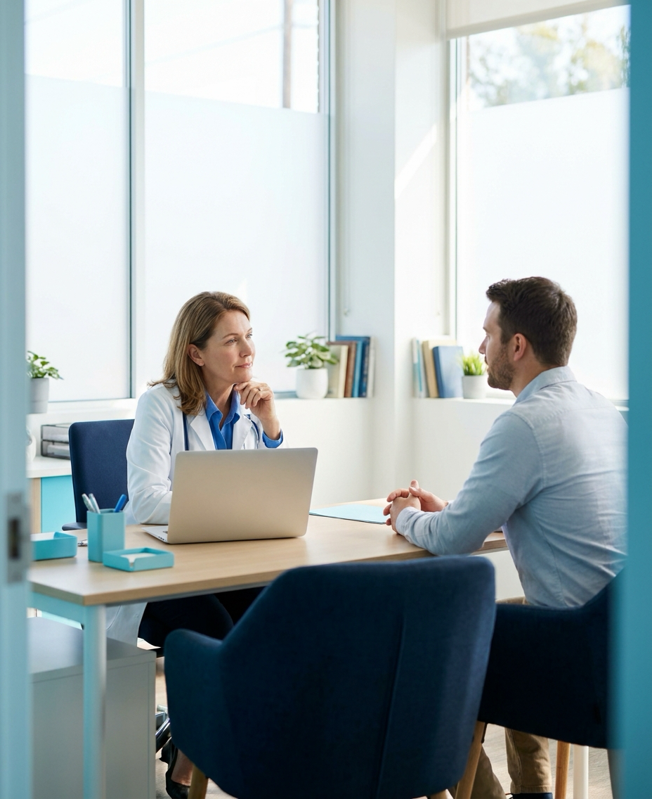 A provider and patient in a bright, modern consultation room.