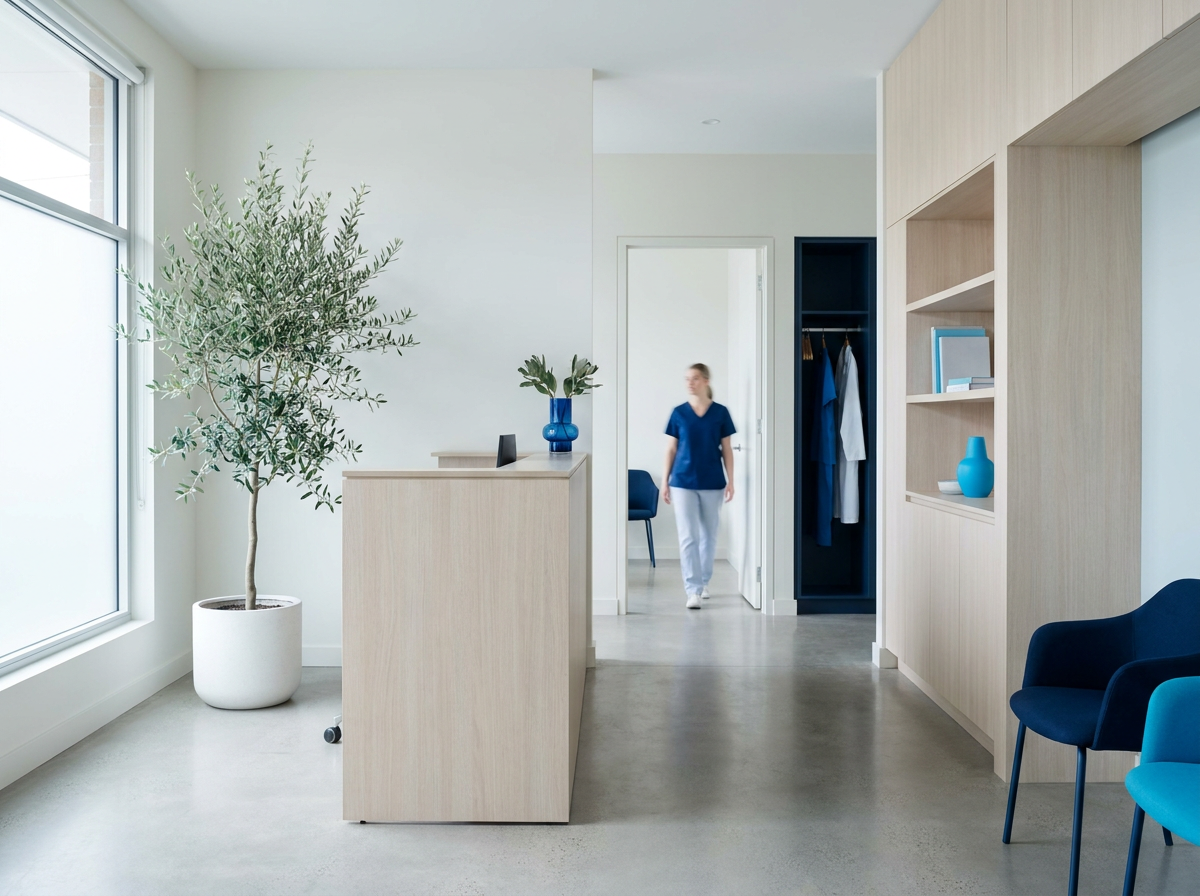 A calm modern medical clinic interior with soft daylight and clean lines.