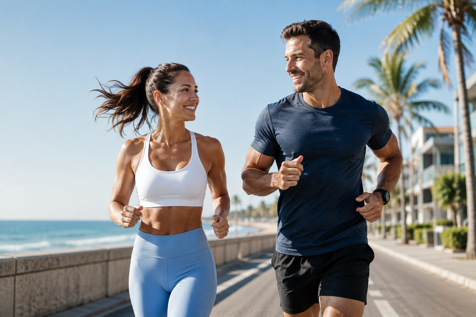 A man and woman running outdoors beside the Florida coast.