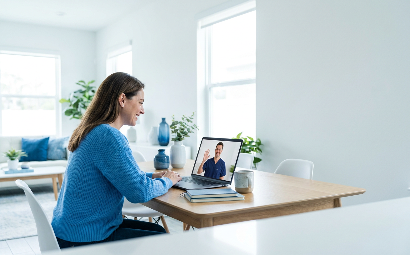An adult at home on a live telehealth video visit with a licensed provider.
