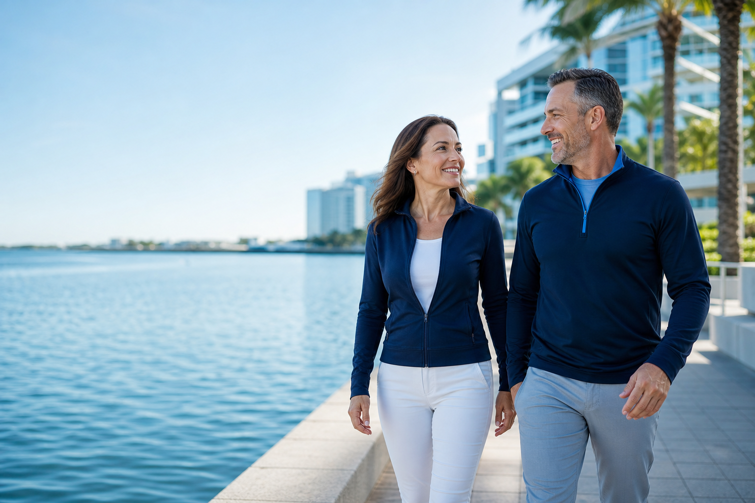 Two adults walking together beside the Tampa waterfront in bright daylight.