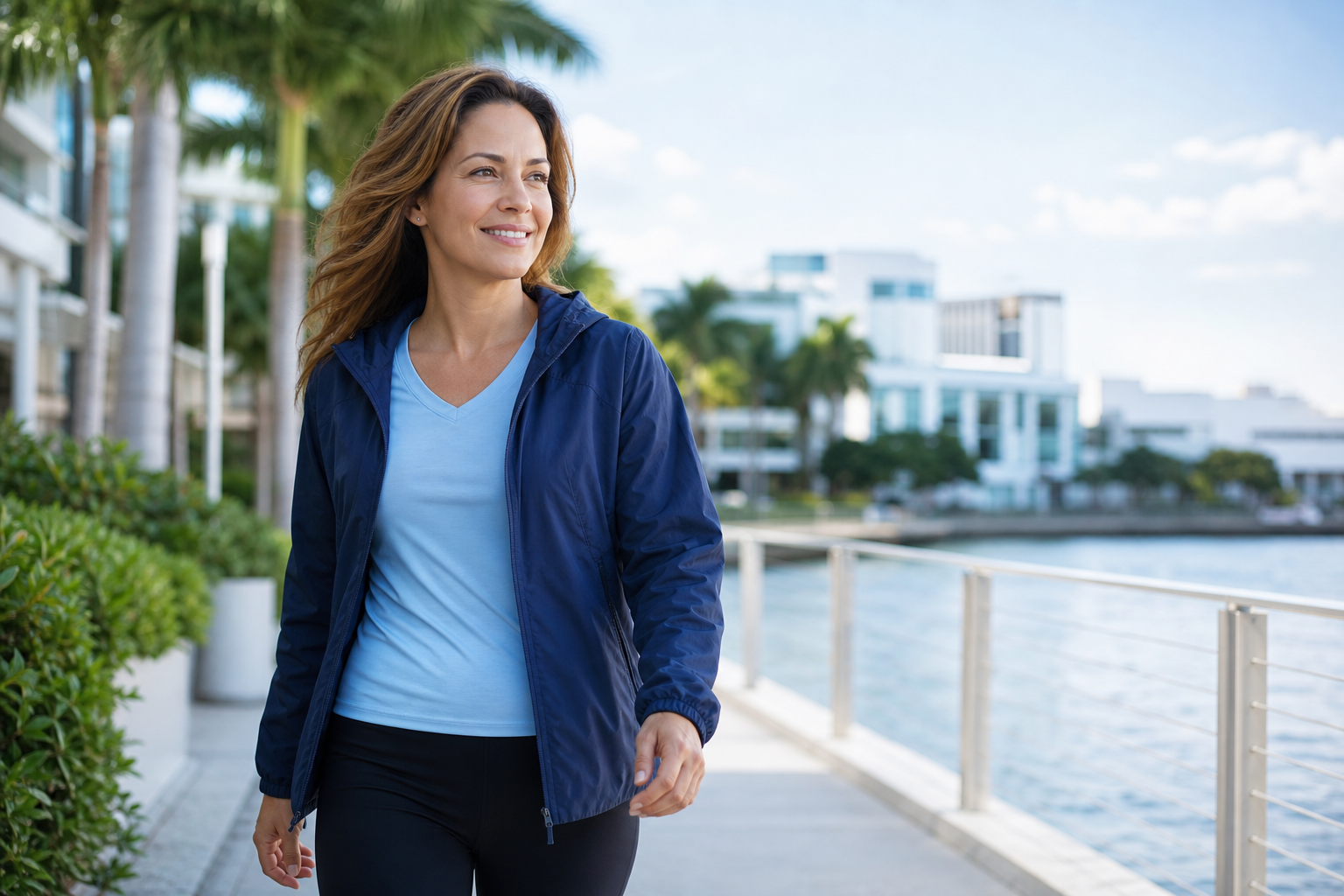 A woman taking a relaxed morning walk beside the Tampa waterfront.