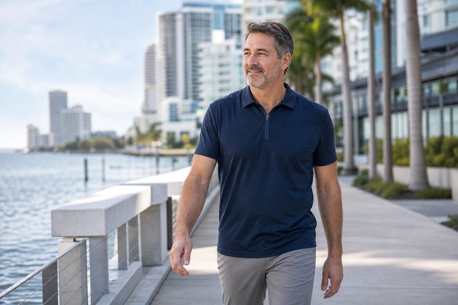 A man enjoying a brisk walk along a Florida waterfront promenade.
